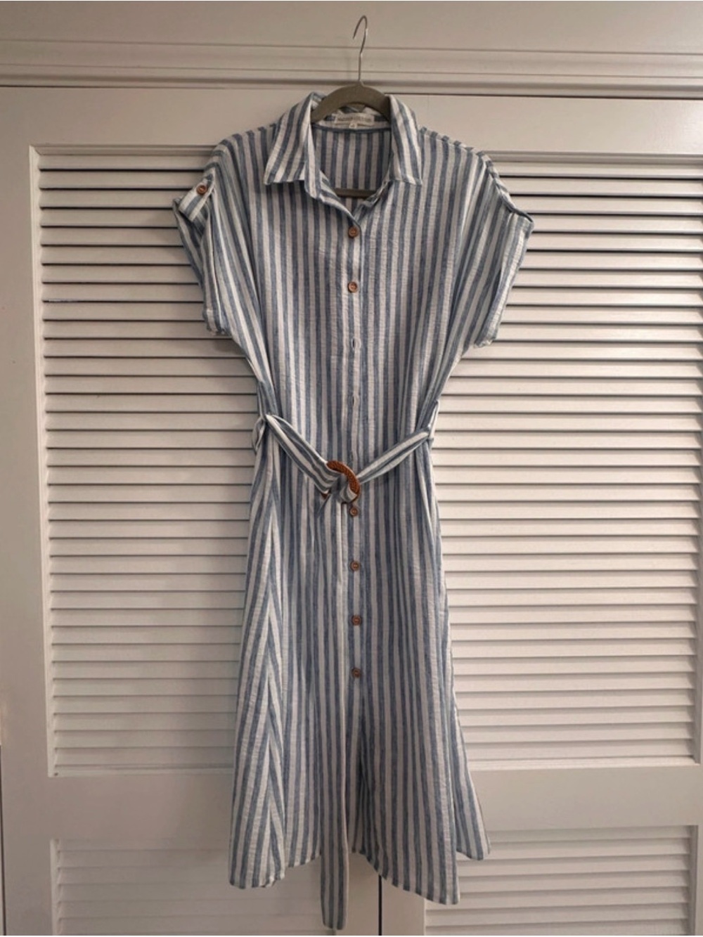 Button-Front Midi Shirt Dress in Blue and White Stripes